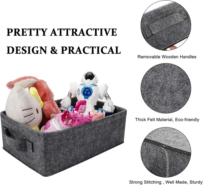 Medium Storage Basket Shlef Low Storage Bin Rectangle Felt Fabric Baskets - Image 6