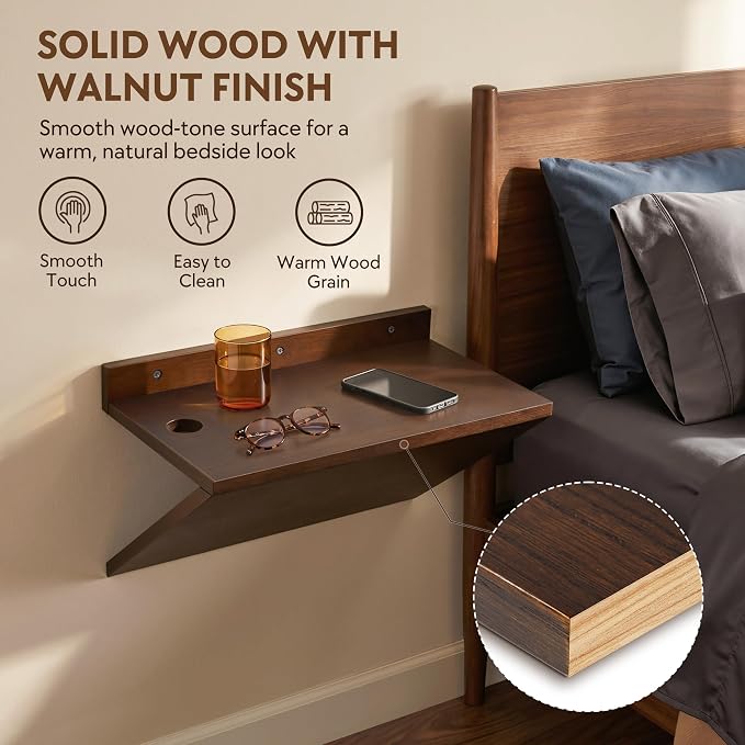 Floating Nightstands Set of 2, Wall Mounted Night Stand Walnut Wooden Bedside - Image 4