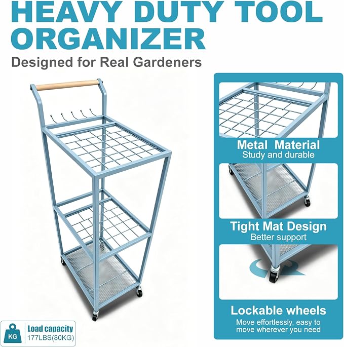 Garden Tool Organizer with Wheels 3 Tier Yard Tool Organizer Rack with Side - Image 5