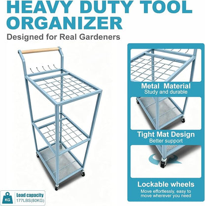 Garden Tool Organizer with Wheels 3 Tier Yard Tool Organizer Rack with Side - Image 5