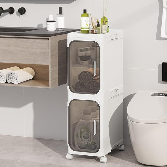 2 Tier Slim Bathroom Storage Cabinet, Foldable and Movable, ABS and PET by Neathub