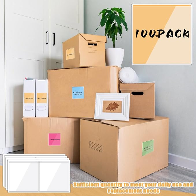 100 Packs Adhesive Label Storage Bin Pockets Clear Plastic Index Card Pockets - Image 4
