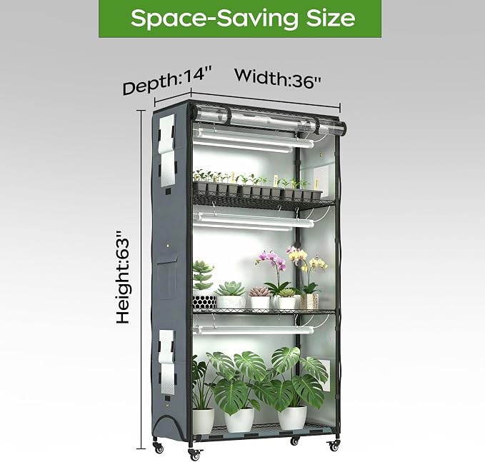 Indoor Greenhouse with Grow Lights & Cover, Plant Stand with Wheels | - Image 2