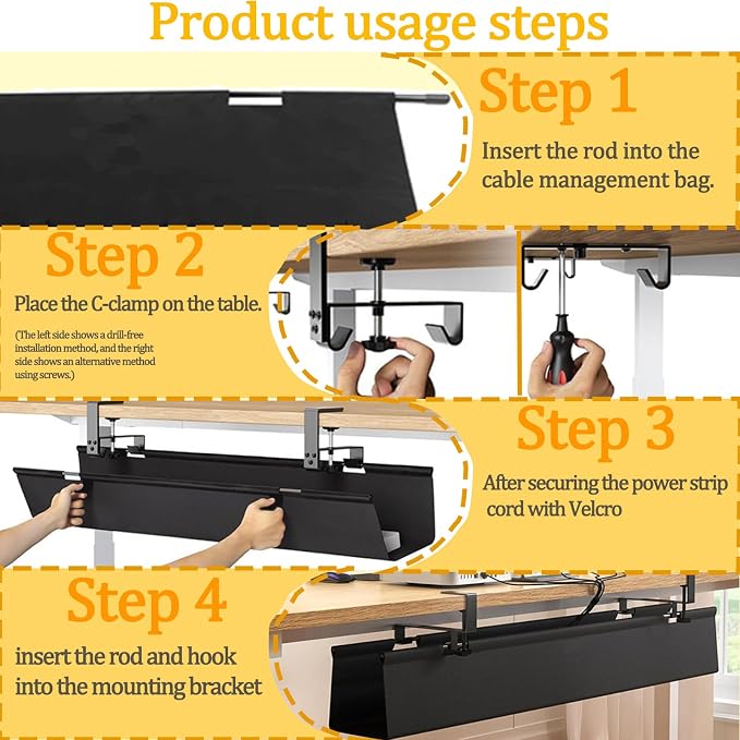 No Drill Under-Desk Cable Management Tray, Desktop Cable Organizer, Fabric - Image 5