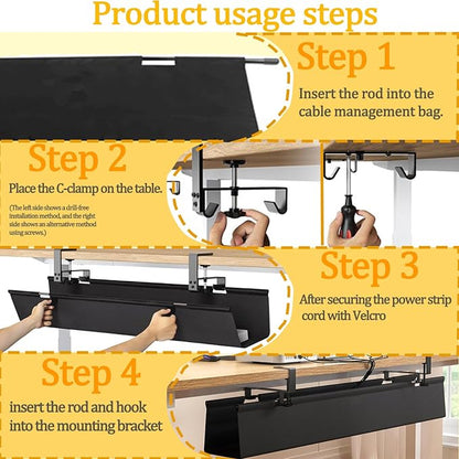 No Drill Under-Desk Cable Management Tray, Desktop Cable Organizer, Fabric - Image 5