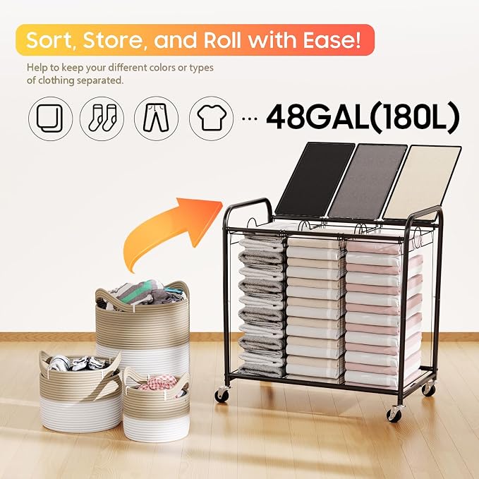 180L Laundry Sorter 3 Section, Rolling Laundry Basket - Image 6