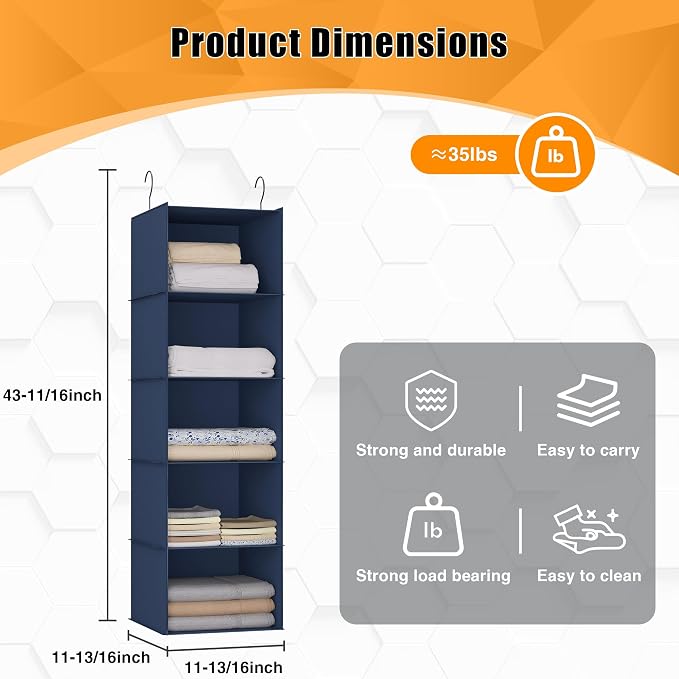 Hanging Closet Organizer and Storage 5-Shelf, Easy Mount Foldable Hanging - Image 3