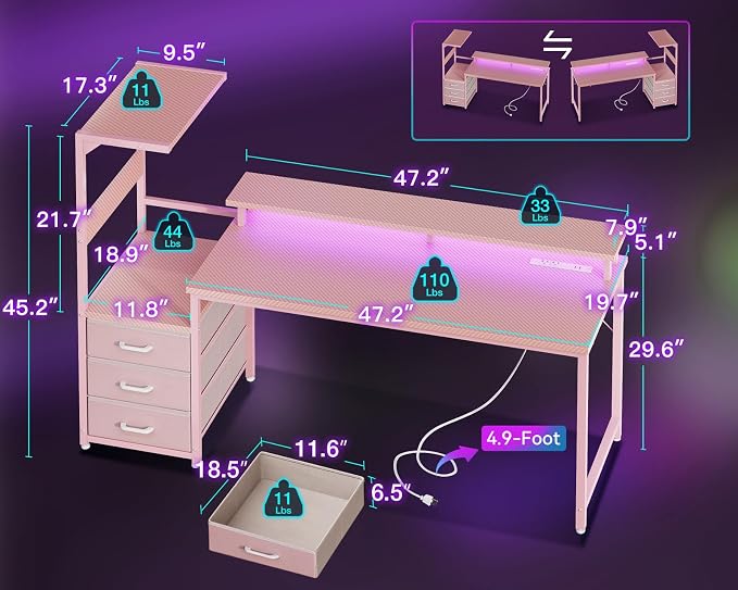 AODK 59 Inch Gaming Desk with USB Charging Ports & LED Light- Reversible - Image 3