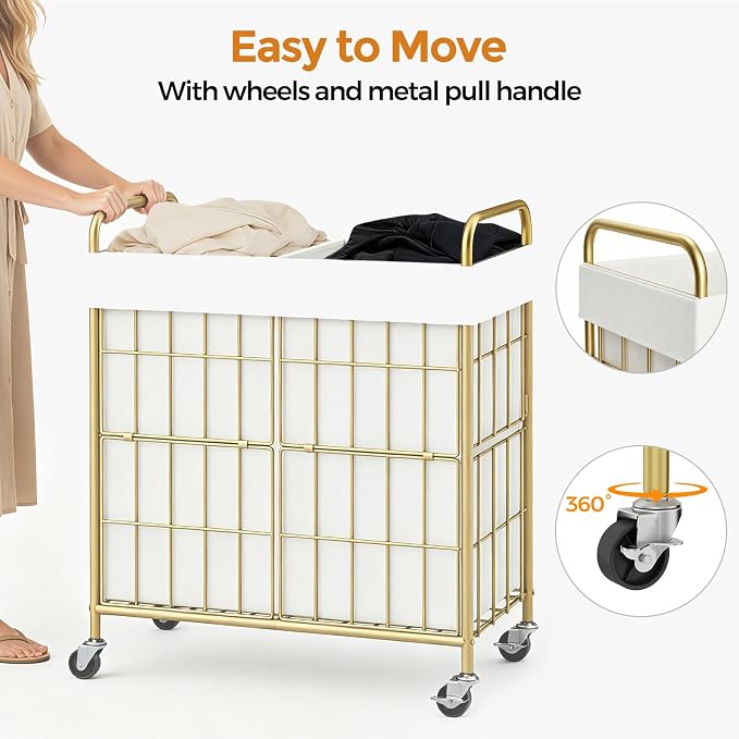 2 Section Laundry Hamper with Wheels and Brake, 100L Laundry Sorter Cart with 2 - Image 6