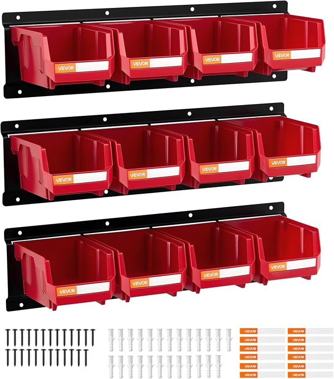 VEVOR Wall Mounted Storage Bins, 12 Plastic Bins & 3 Metal Rails, Plastic by VEVOR