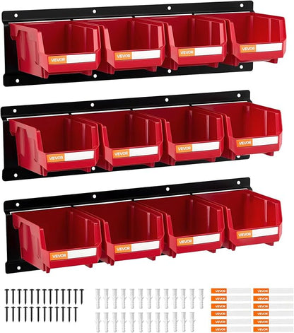 VEVOR Wall Mounted Storage Bins, 12 Plastic Bins & 3 Metal Rails, Plastic by VEVOR