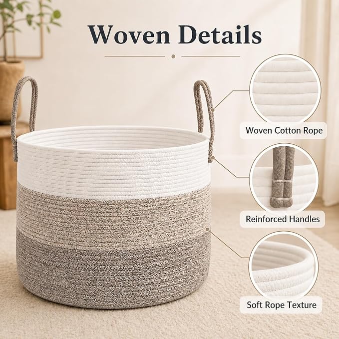 JMvicyroam 115L Extra Large Machine Washable Cotton Rope Blanket Basket | - Image 3
