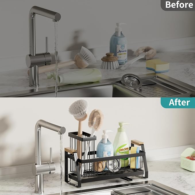 Sink Caddy Organizer with Wooden Handle & Self-Draining Tray, Trapezoid Kitchen - Image 5