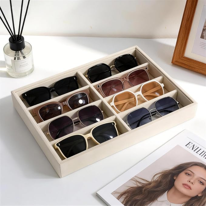 Sunglass Organizer, 8 Grids Beige Velvet Glasses Tray - Image 4
