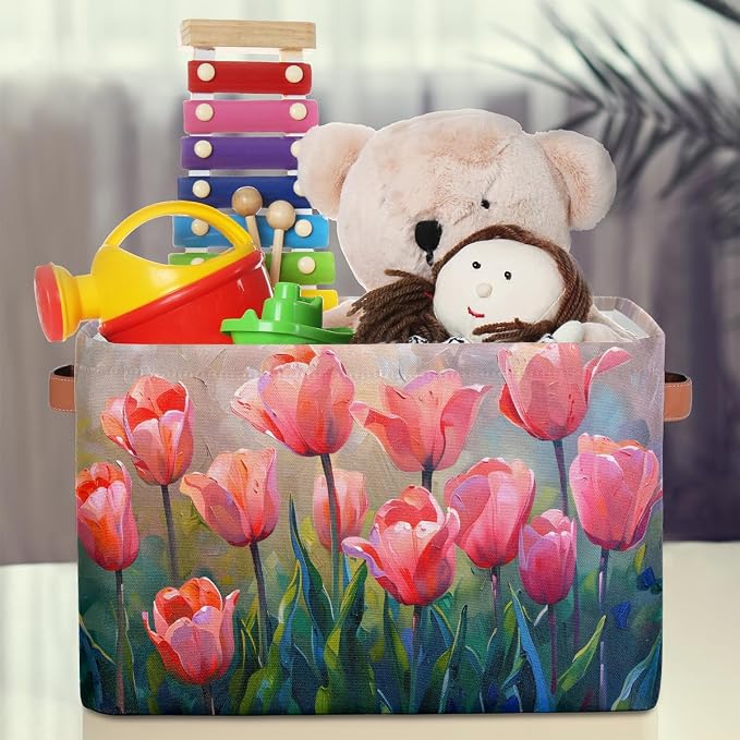 Basket Storage Bins Pink Painting Tulips Flower Rectangle Cube Basket Box Kids - Image 3