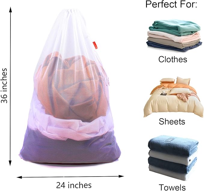 2 Pack Mesh Laundry Bags, 24 x 36 Inches Heavy Duty Drawstring Bag, Travel and - Image 2