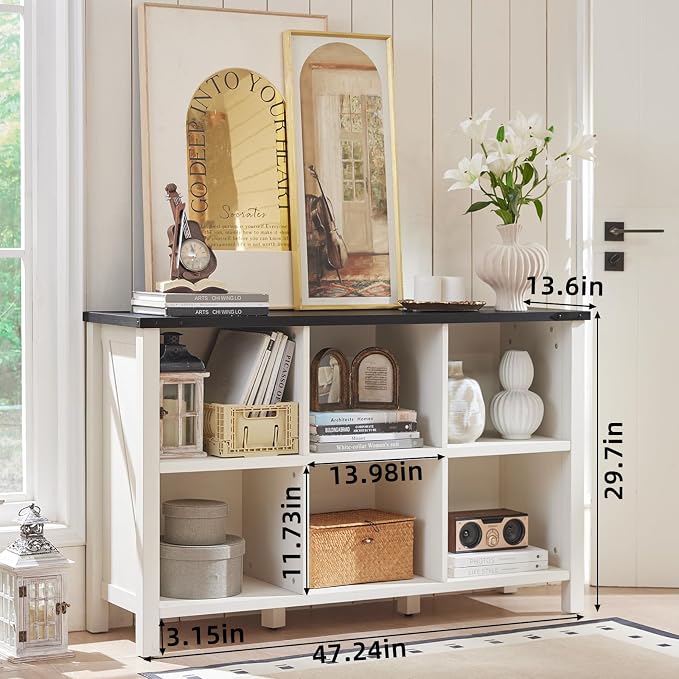 Farmhouse 6 Cube Bookshelf, Antique White & Black Wooden Storage Organizer Book - Image 2