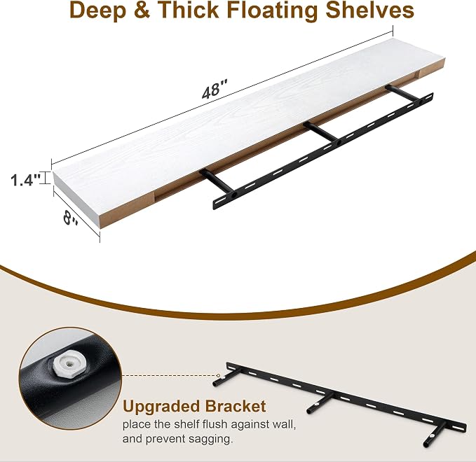 White Floating Shelves 48 Inch Long, 8 Deep Floating Shelves - Image 3