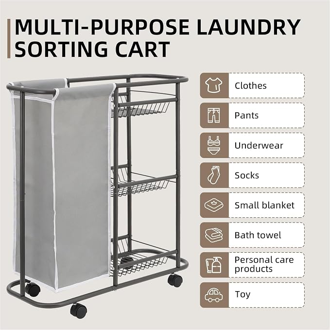 Rolling Laundry Sorter with 3 Storage Baskets and 45 L Bag, 3-Tier Laundry - Image 8