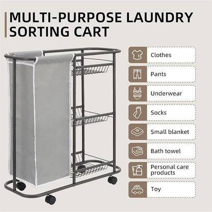 Rolling Laundry Sorter with 3 Storage Baskets and 45 L Bag, 3-Tier Laundry - Image 8