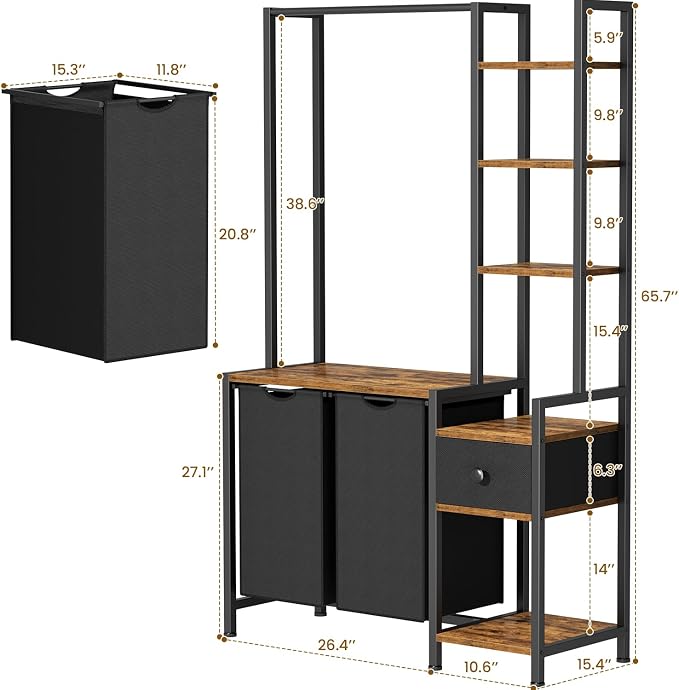 Laundry Hamper with Shelf, 5 Tiers Tall Laundry Basket Sorter with 2 Pull-Out - Image 3