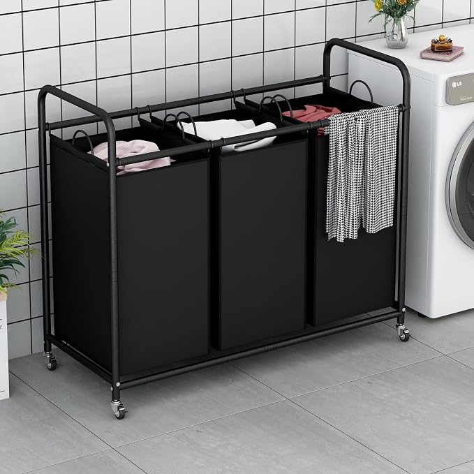 LINZINAR 3-Bag Laundry Basket Hamper Laundry Sorter Cart laundry room - Image 4