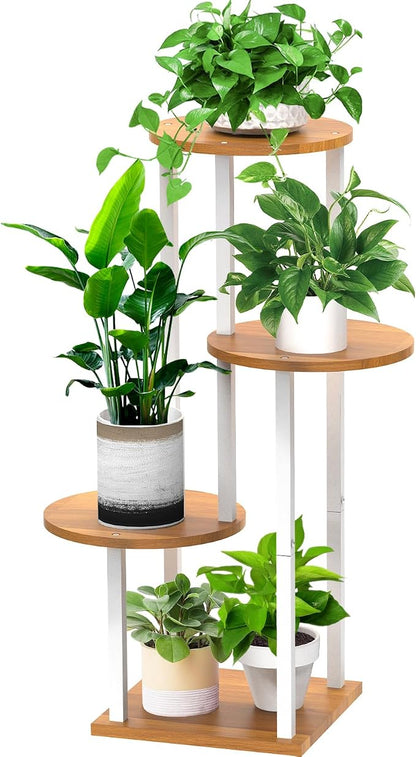 4 Tier Wood Tall Plant Stand Metal Rack Indoor, Round Planter Shelf Display by YOCOMEY