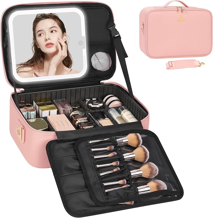 Relavel Travel Makeup Bag With LED Mirror, Portable Pink Cosmetic Case | by Relavel