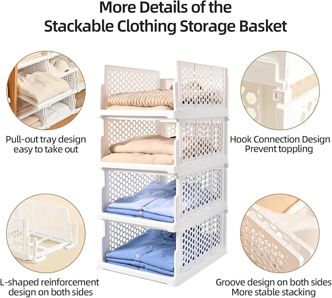 Pull-out Plastic Storage Basket, Stackable Closet Organizers Drawer Anti-Tipping - Image 4
