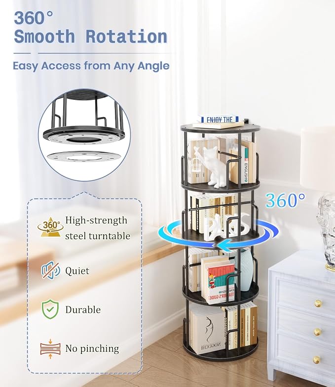 4 Tier Rotating Bookshelf Tower Round Black, 50” Floor Standing Spinning - Image 3