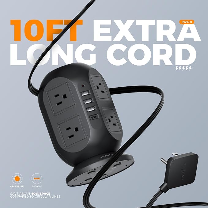 Surge Protector Power Strip Tower, TESSAN 10 ft Flat Extension Cord - Image 3