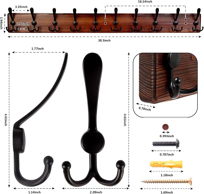 38.6'' Large Coat Rack Wall Mount Coat Hooks Coat Hanger - Image 2