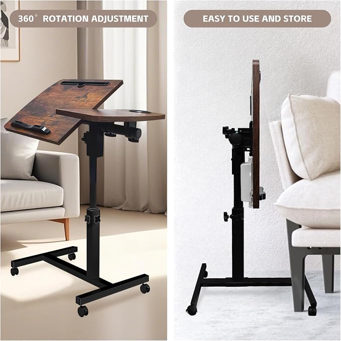 Overbed Table with Wheels Adjustable Height, Tiltable Desktop with Tray - Image 6