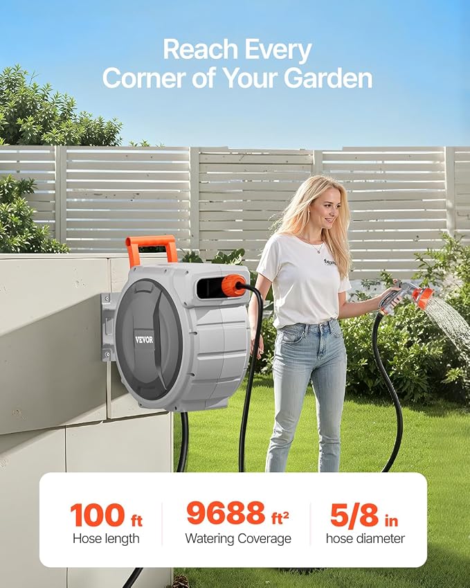VEVOR Retractable Garden Hose Reel, 5/8 Inch x 100 ft Wall Mounted Hose Reel - Image 2