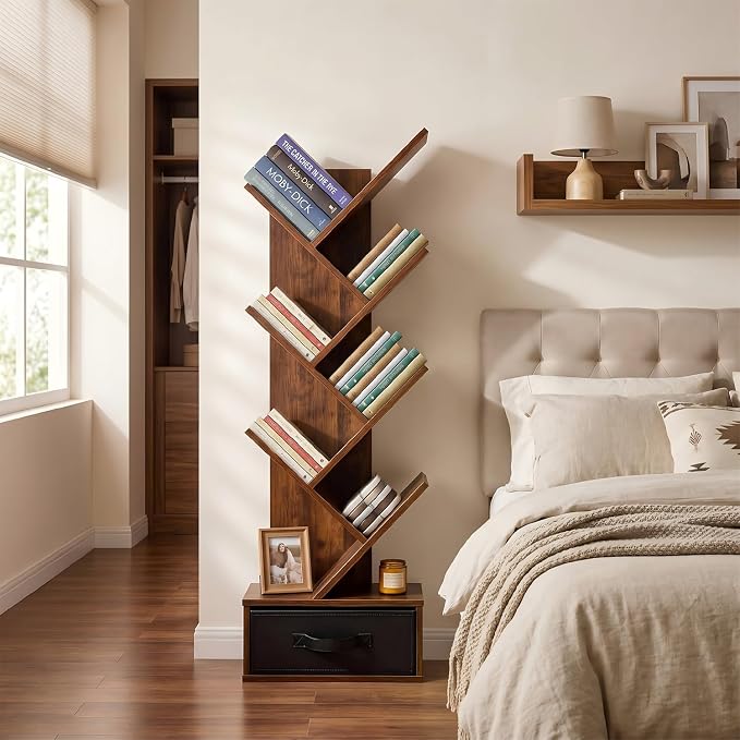 7 Tier Tree Bookshelf with Storage Drawer, Floor Standing Bookcase | Modern - Image 8