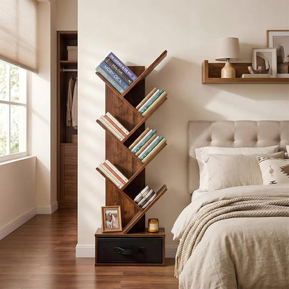 7 Tier Tree Bookshelf with Storage Drawer, Floor Standing Bookcase | Modern - Image 8