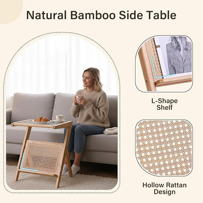 Tiita Rattan Side Table, Mid Century Nightstand, Bamboo Accent Bedside Tables - Image 6