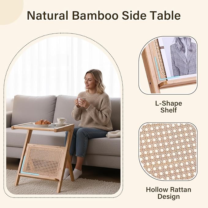 Tiita Rattan Side Table, Mid Century Nightstand, Bamboo Accent Bedside Tables - Image 6