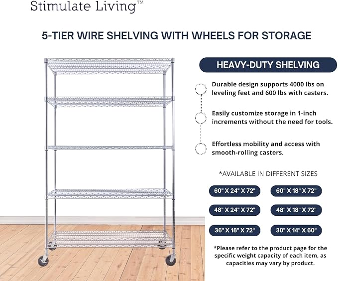 48"x24"x72" Prime Heavy Duty Chrome 5-Tier Steel Wire Shelving NSF 4000 LBS MAX - Image 6