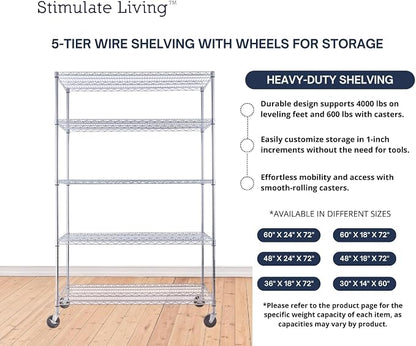 48"x24"x72" Prime Heavy Duty Chrome 5-Tier Steel Wire Shelving NSF 4000 LBS MAX - Image 6