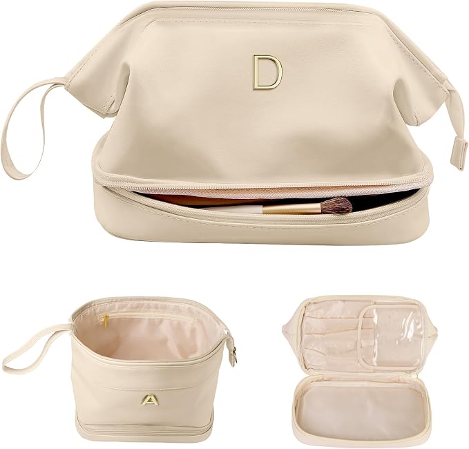 Wedding Gift Initial Makeup Bag, Personalized Double Layer Cosmetic Bag by Vogewood