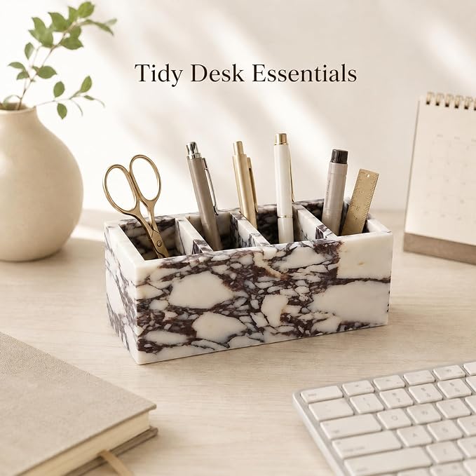 5-Compartment Marble Desk Organizer, 9.84 in | Natural marble 5-section - Image 3