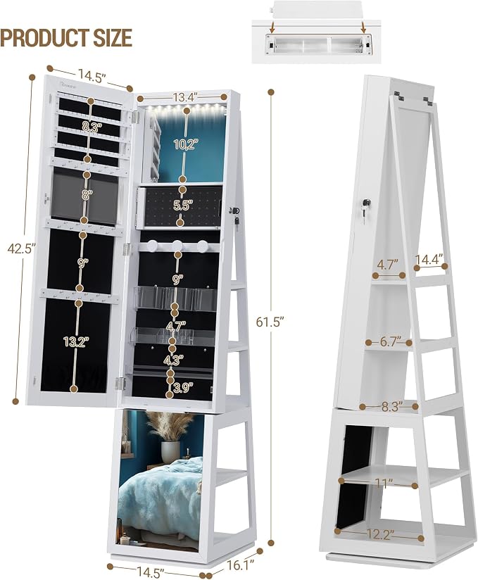 Hzuaneri 16 LEDs Jewelry Cabinet Armoire, Standing Jewelry Organizer - Image 5