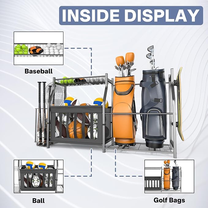 WALMANN Garage Sports Equipment Organizer, Ball Storage Stand, Indoor Golf Bags - Image 4