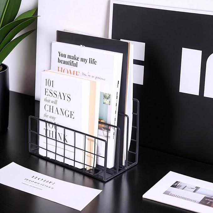 File Folder Organizer for Desktop, 3 Section Metal Vertical magazine Stand - Image 4