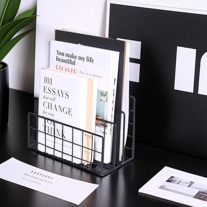File Folder Organizer for Desktop, 3 Section Metal Vertical magazine Stand - Image 4