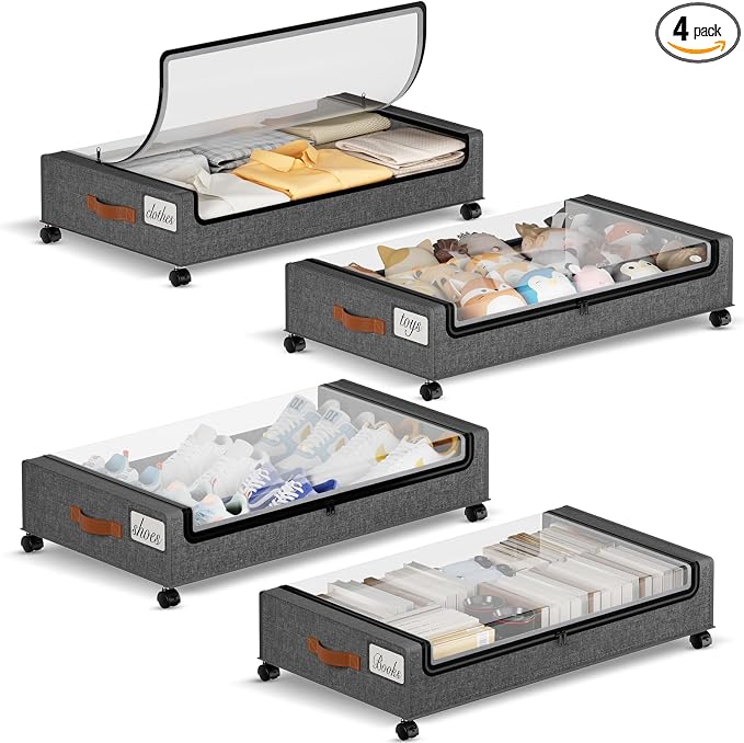 Yecaye Under Bed Storage with Wheels, 4 Pack Under the Bed Storage Containers by Yecaye