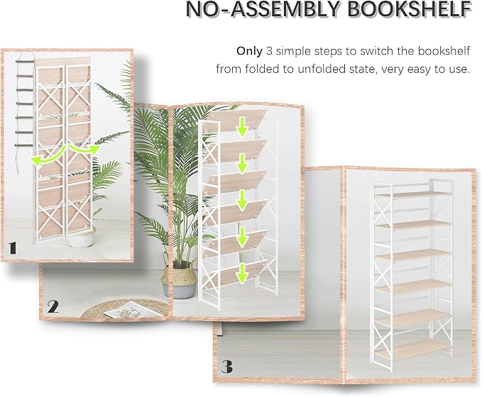 4NM 6 Tiers No Assembly Book Shelves, 61.8" H Folding Bookshelf Bookcase Open - Image 6