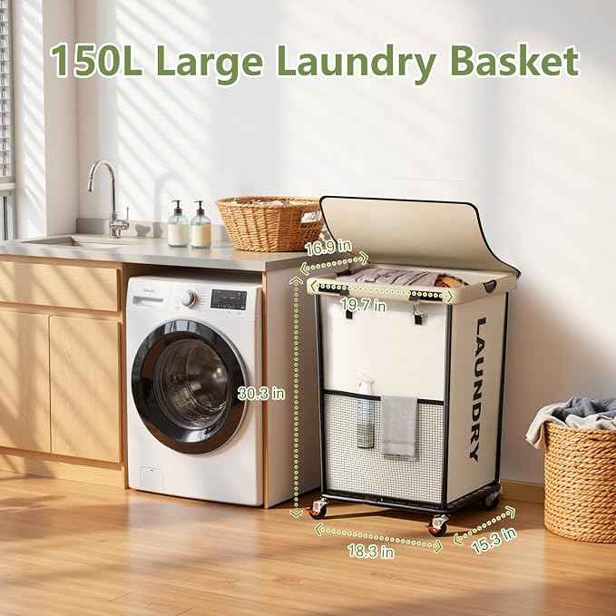 Laundry Hamper with Wheels and Lid, 150L Heavy Duty Rolling Laundry Basket - Image 2