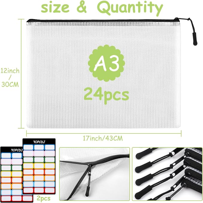24pcs Mesh Zipper Pouches, A3 Size 17 x 12 inches Waterproof Black Zipper Bags - Image 2